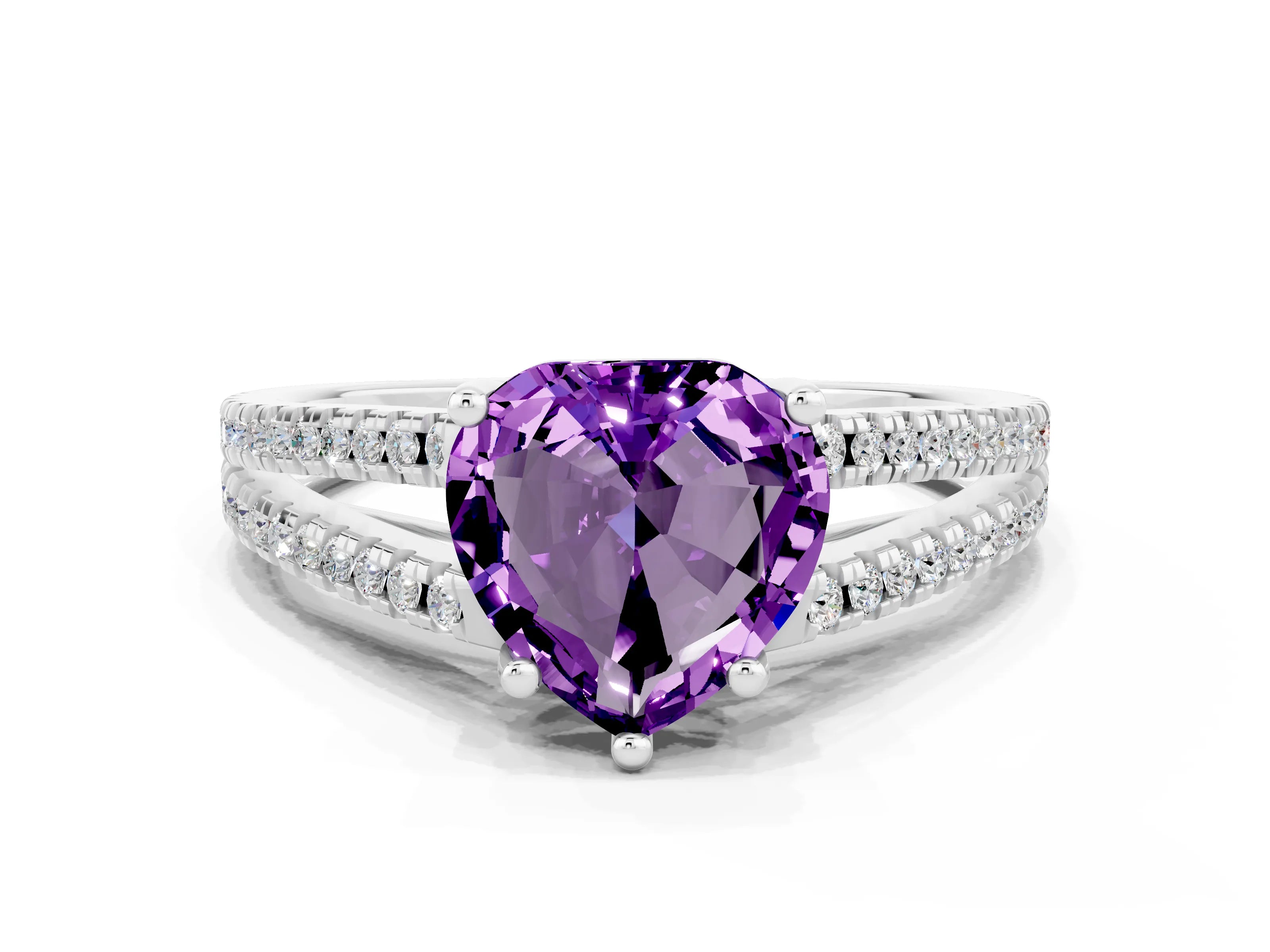 White gold Heart Cut Amethyst Solitaire Engagement Ring with Split Shank Pavé Band