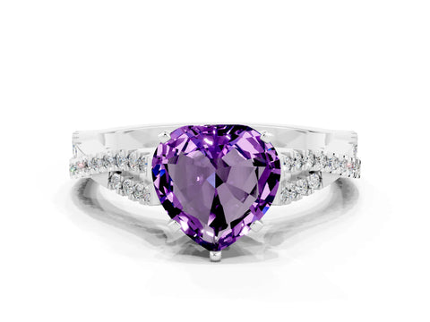 White gold Heart Cut Amethyst Solitaire Engagement Ring with Twisted Pavé Band and Four-Prong Setting_12