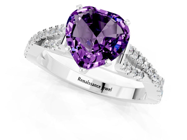 Platinum Heart Cut Amethyst Solitaire Engagement Ring with Twisted Pavé Band and Four-Prong Setting