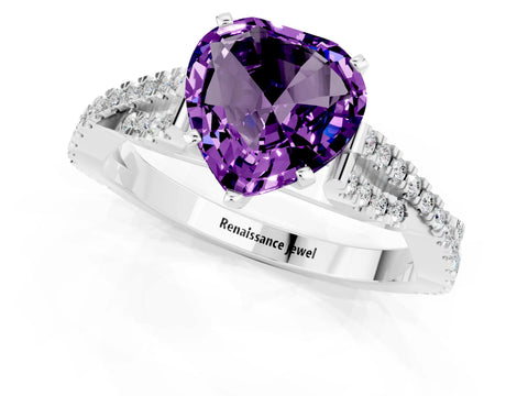 White gold Heart Cut Amethyst Solitaire Engagement Ring with Twisted Pavé Band and Four-Prong Setting_13
