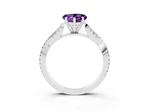 Silver Heart Cut Amethyst Solitaire Engagement Ring with Twisted Pavé Band and Four-Prong Setting
