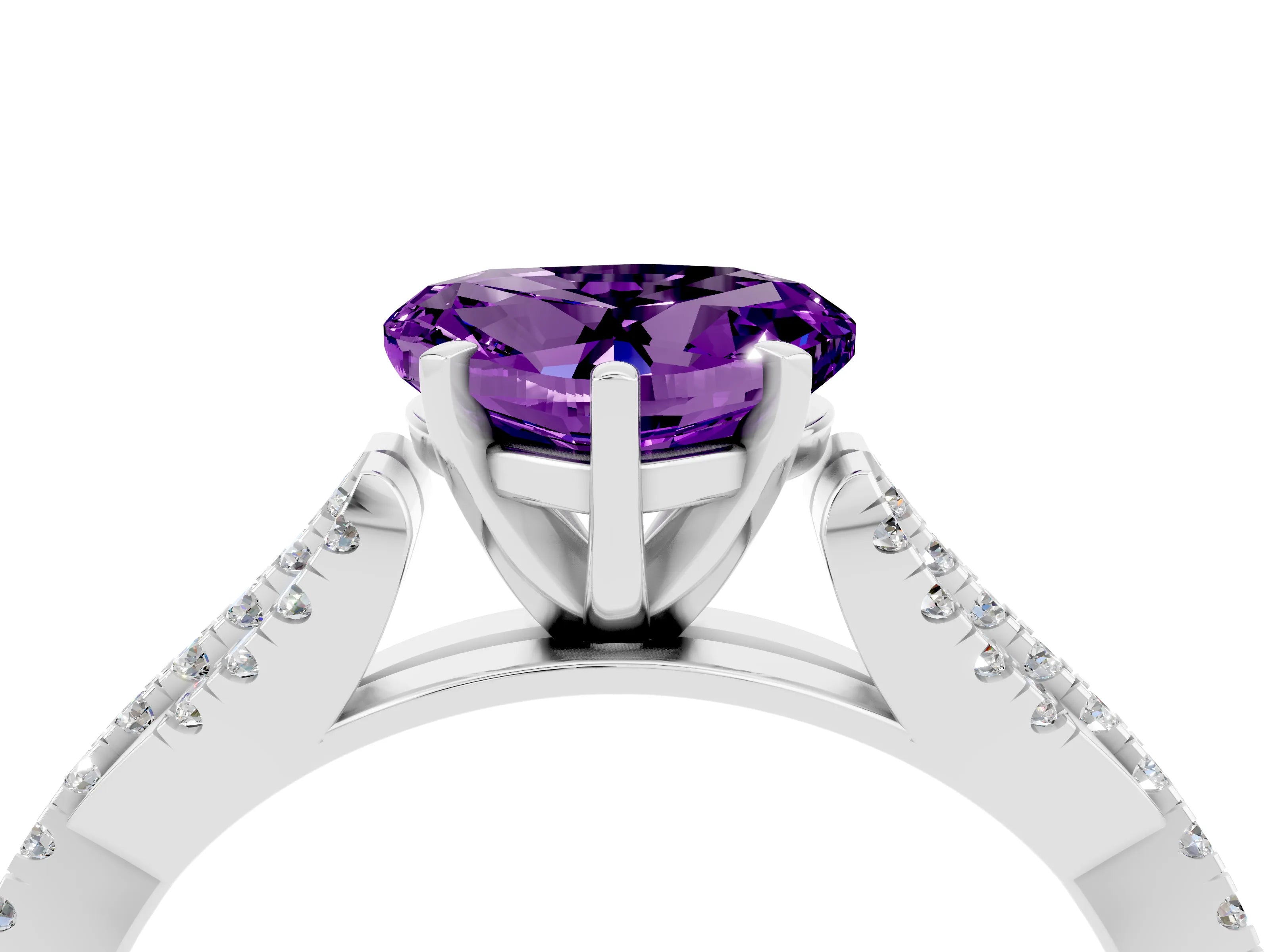 White gold Heart Cut Amethyst Solitaire Engagement Ring with Twisted Pavé Band and Four-Prong Setting_16