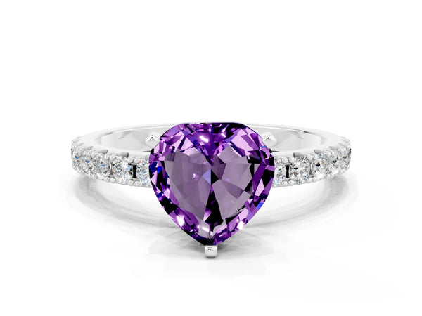 Silver Heart Cut Amethyst Solitaire Pavé Band with Four-Prong Setting