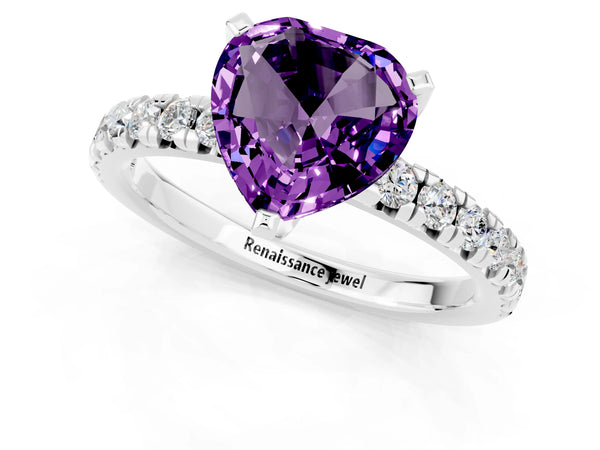 Platinum Heart Cut Amethyst Solitaire Pavé Engagement Ring with Round Band and Prong Setting