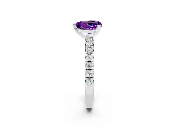 Platinum Heart Cut Amethyst Solitaire Pavé Engagement Ring with Round Band and Prong Setting