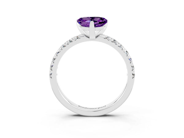Platinum Heart Cut Amethyst Solitaire Pavé Engagement Ring with Round Band and Prong Setting