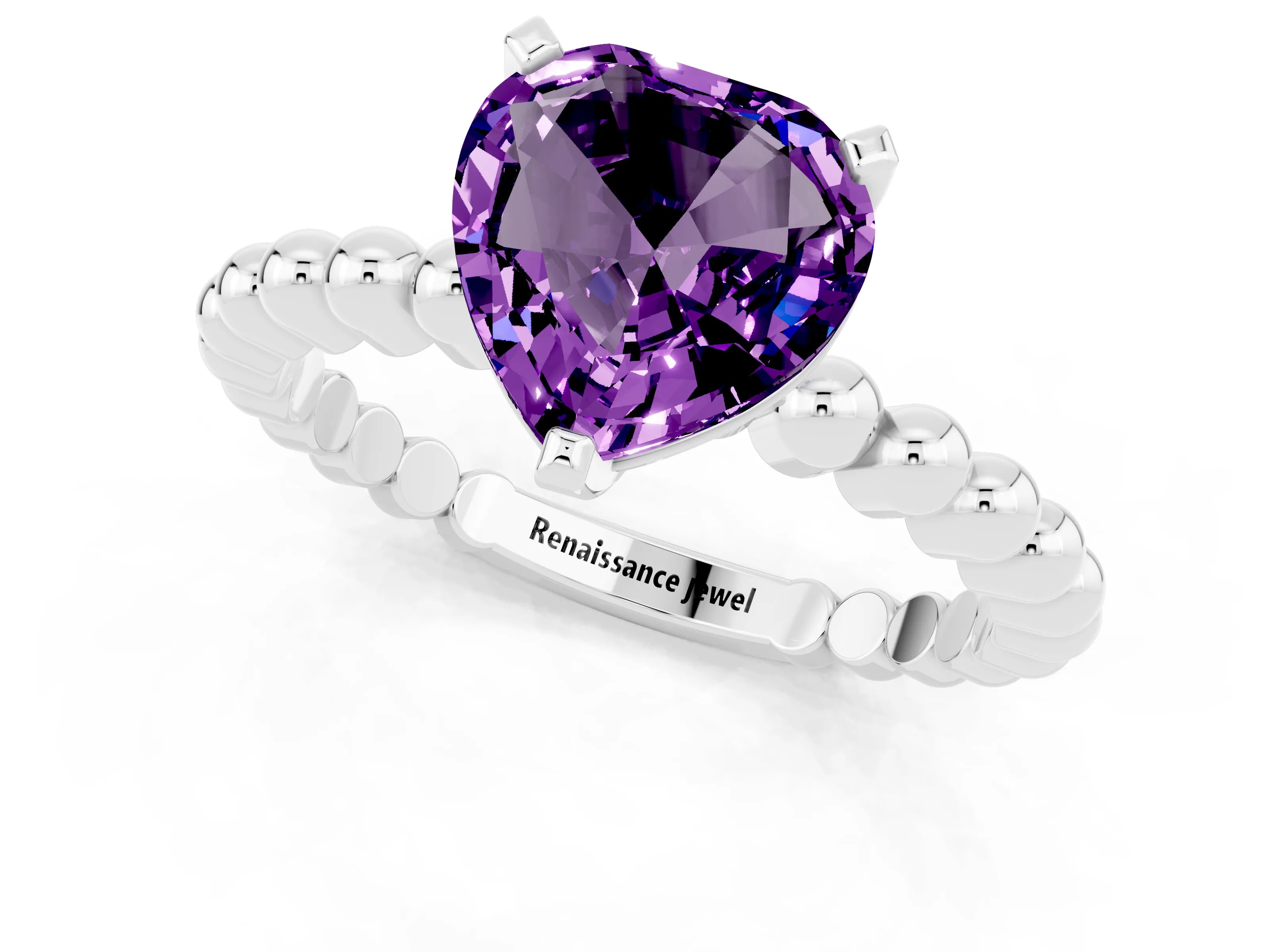 White gold Heart Cut Amethyst Solitaire Ring with Beaded Band and Prong Setting_13