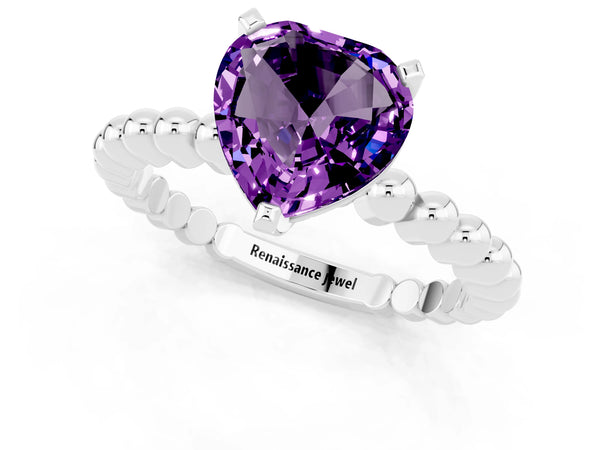 White gold Heart Cut Amethyst Solitaire Ring with Beaded Band and Prong Setting