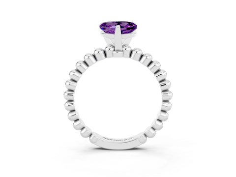 White gold Heart Cut Amethyst Solitaire Ring with Beaded Band and Prong Setting_15