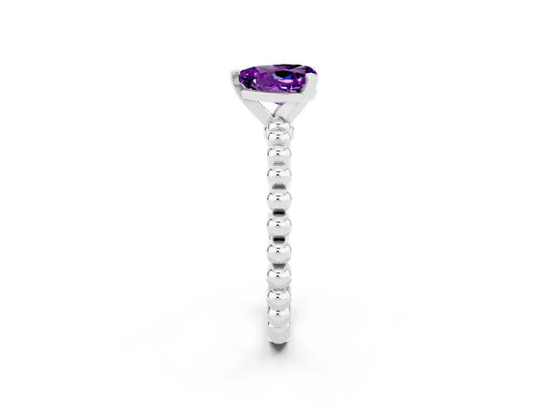 Silver Heart Cut Amethyst Solitaire Ring with Beaded Band and Prong Setting