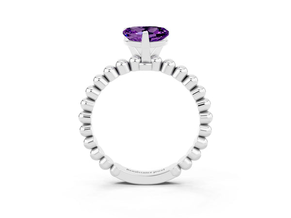 Platinum Heart Cut Amethyst Solitaire Ring with Beaded Band and Prong Setting