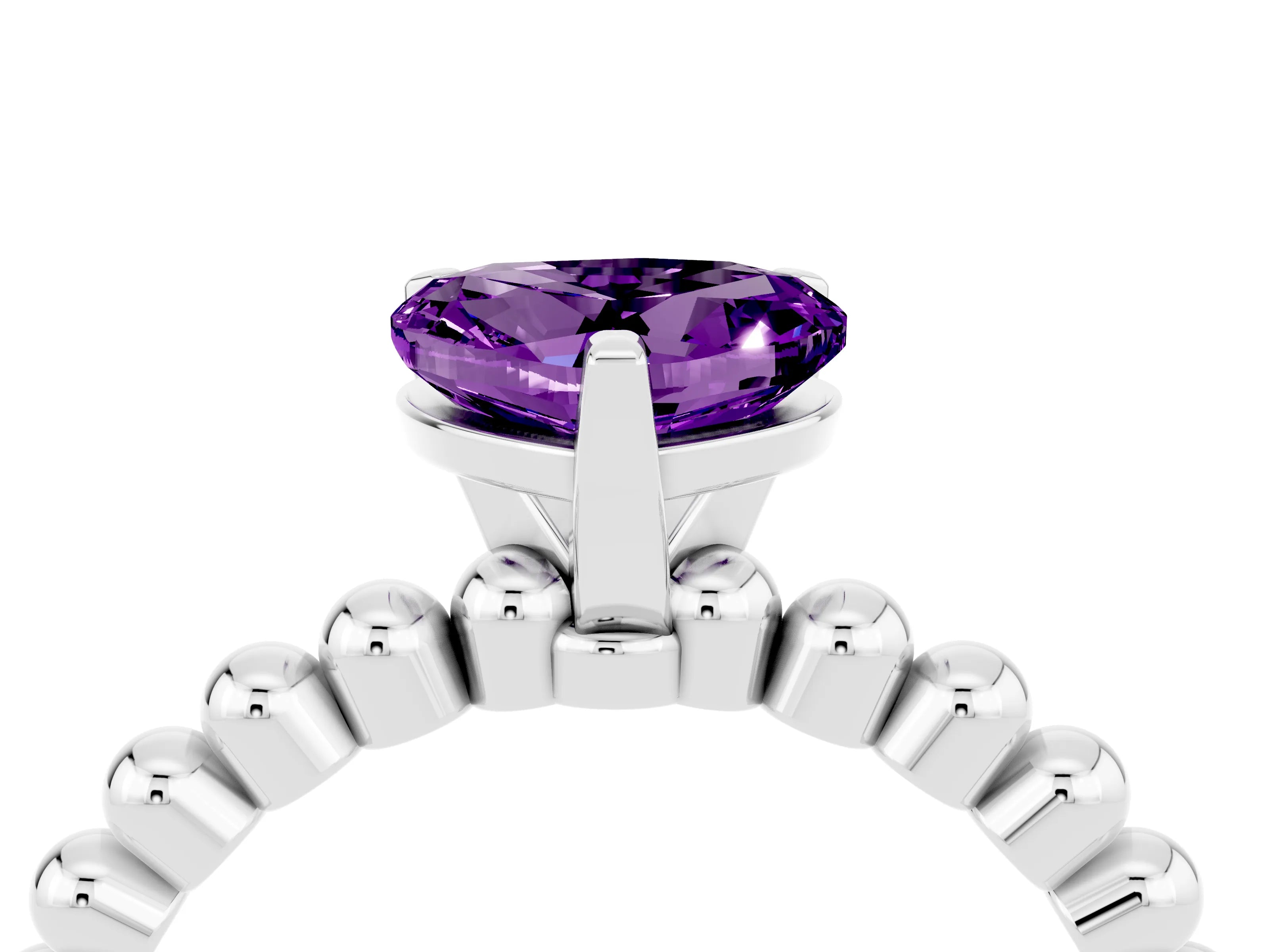 White gold Heart Cut Amethyst Solitaire Ring with Beaded Band and Prong Setting_4