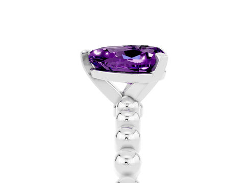 White gold Heart Cut Amethyst Solitaire Ring with Beaded Band and Prong Setting_5
