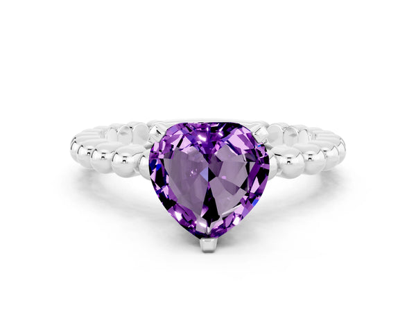 Silver Heart Cut Amethyst Solitaire Ring with Beaded Band and Prong Setting