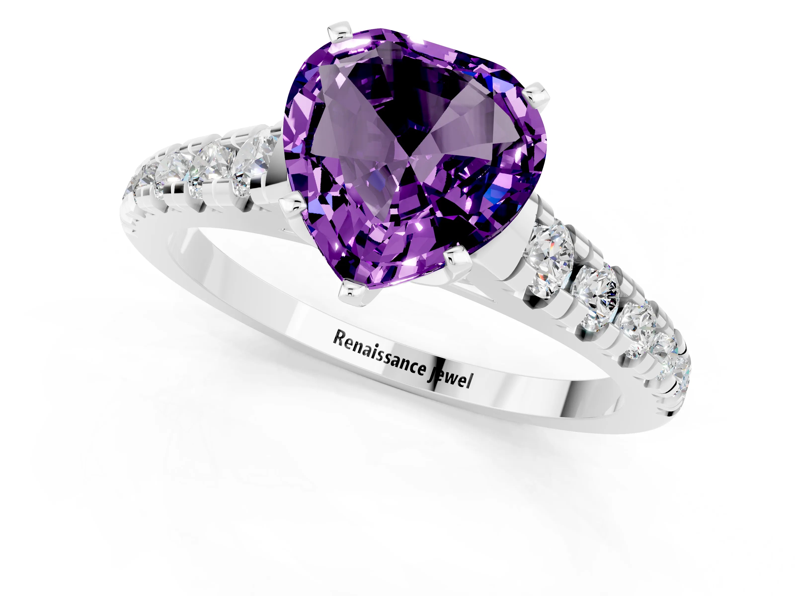White gold Heart Cut Amethyst Solitaire Ring with Cathedral Setting and Pavé Band_1