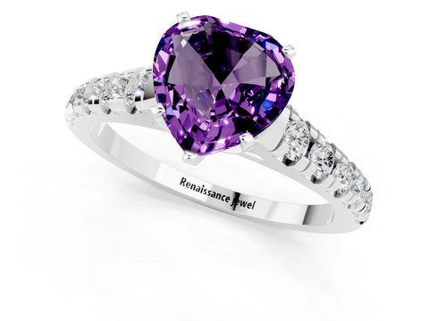 White gold Heart Cut Amethyst Solitaire Ring with Cathedral Setting and Pavé Band_1