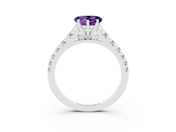 Platinum Heart Cut Amethyst Cathedral Solitaire Ring with Round  Pavé Band