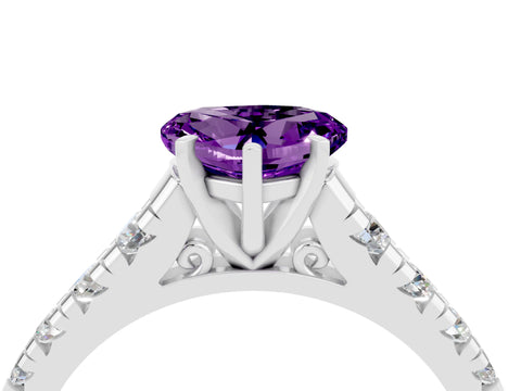 White gold Heart Cut Amethyst Solitaire Ring with Cathedral Setting and Pavé Band_4