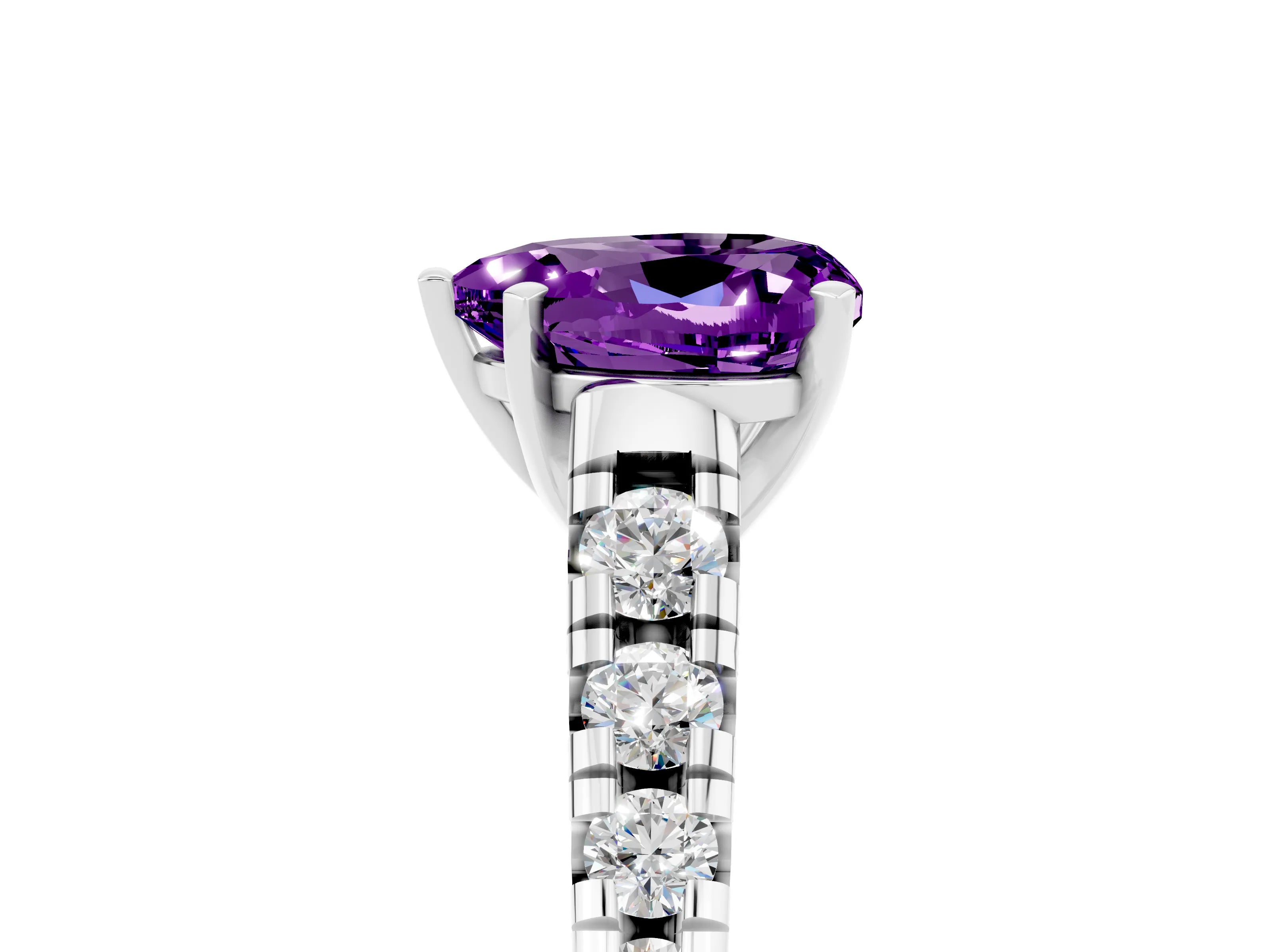 White gold Heart Cut Amethyst Solitaire Ring with Cathedral Setting and Pavé Band_5