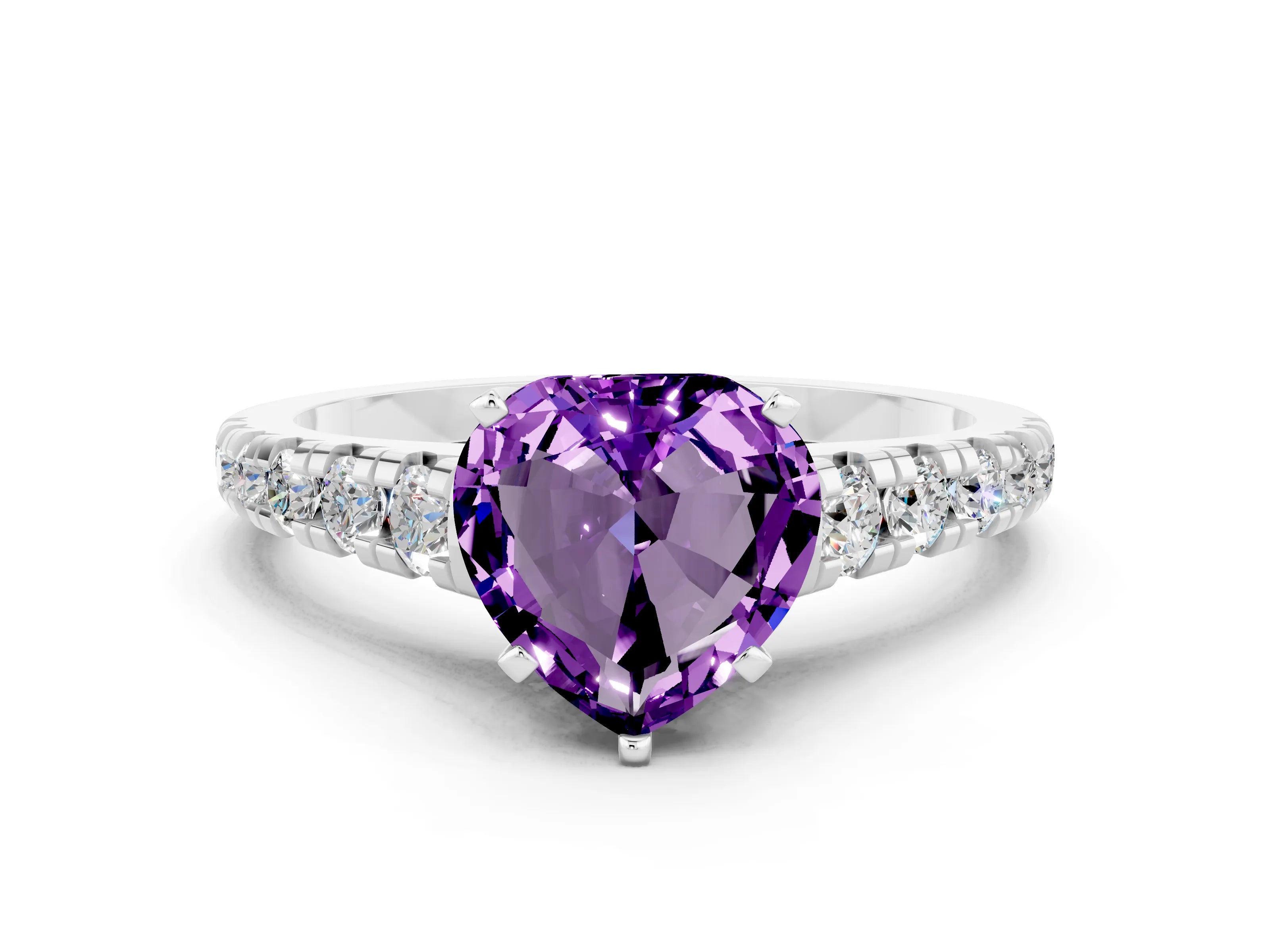 White gold Heart Cut Amethyst Solitaire Ring with Cathedral Setting and Pavé Band