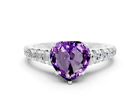 White gold Heart Cut Amethyst Solitaire Ring with Cathedral Setting and Pavé Band