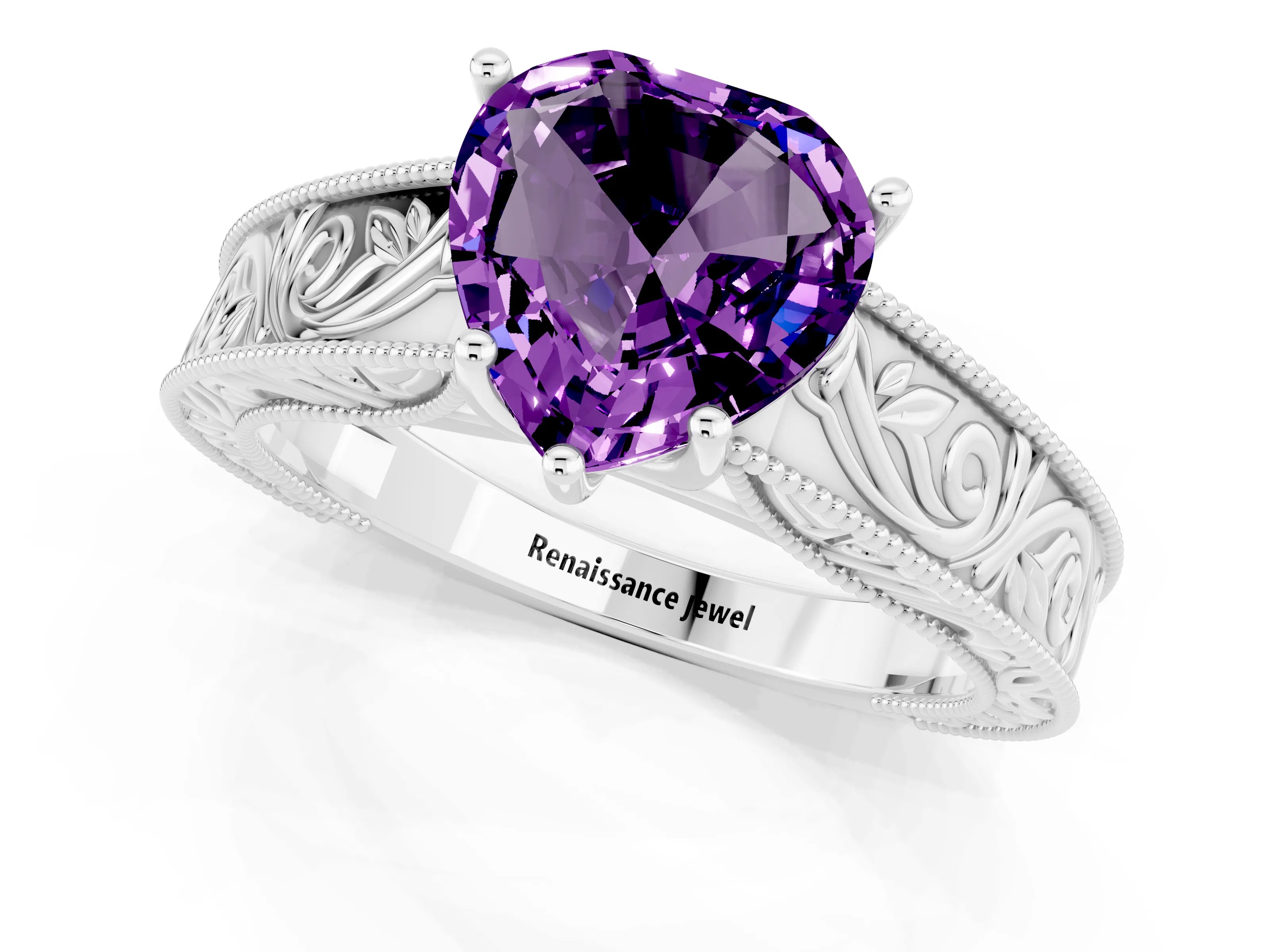 White gold Heart Cut Amethyst Solitaire Ring with Engraved Band and Four-Prong Setting_1