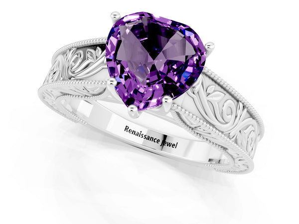 Platinum Heart Cut Amethyst Solitaire Ring with Engraved Band and Four-Prong Setting