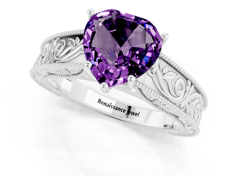 White gold Heart Cut Amethyst Solitaire Ring with Engraved Band and Four-Prong Setting_1