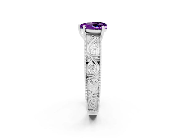 Platinum Heart Cut Amethyst Solitaire Ring with Engraved Band and Four-Prong Setting
