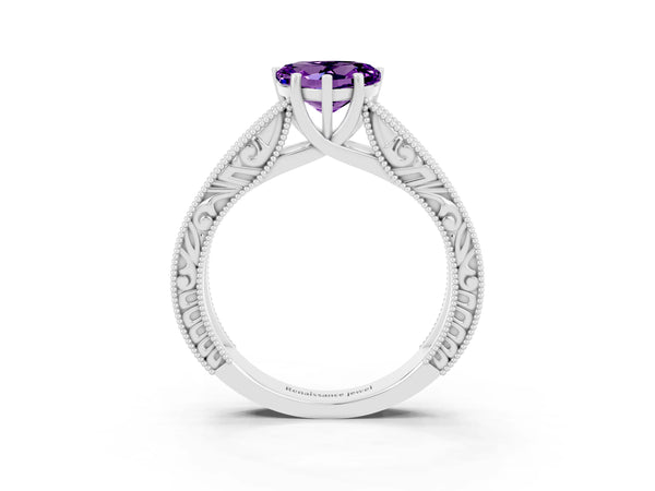 Platinum Heart Cut Amethyst Solitaire Ring with Engraved Band and Four-Prong Setting