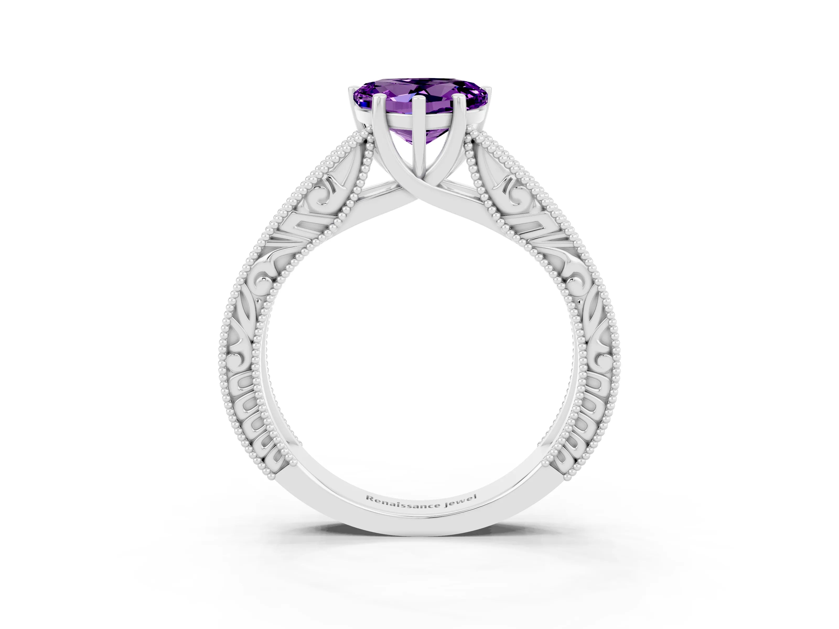 White gold Heart Cut Amethyst Solitaire Ring with Engraved Band and Four-Prong Setting_3