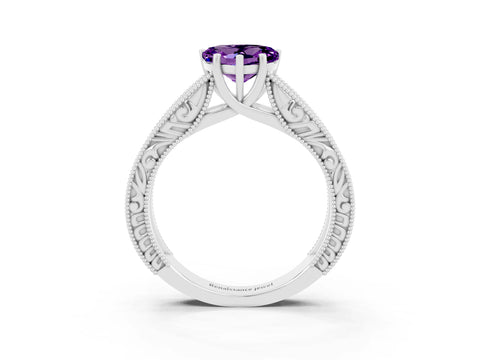 White gold Heart Cut Amethyst Solitaire Ring with Engraved Band and Four-Prong Setting_3