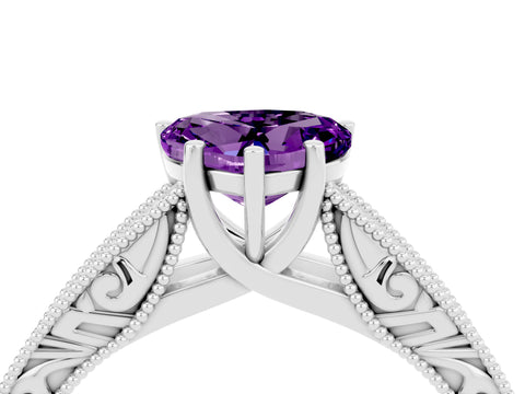 White gold Heart Cut Amethyst Solitaire Ring with Engraved Band and Four-Prong Setting_4