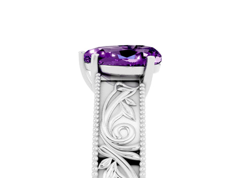 White gold Heart Cut Amethyst Solitaire Ring with Engraved Band and Four-Prong Setting_5