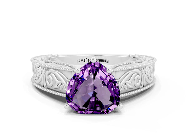 Silver Heart Cut Amethyst Solitaire Ring with Engraved Band and Four-Prong Setting