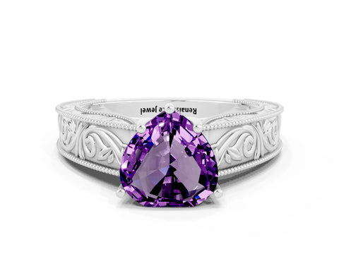 White gold Heart Cut Amethyst Solitaire Ring with Engraved Band and Four-Prong Setting