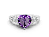 White gold Heart Cut Amethyst Solitaire Ring with Filigree Band and Four-Prong Setting_24