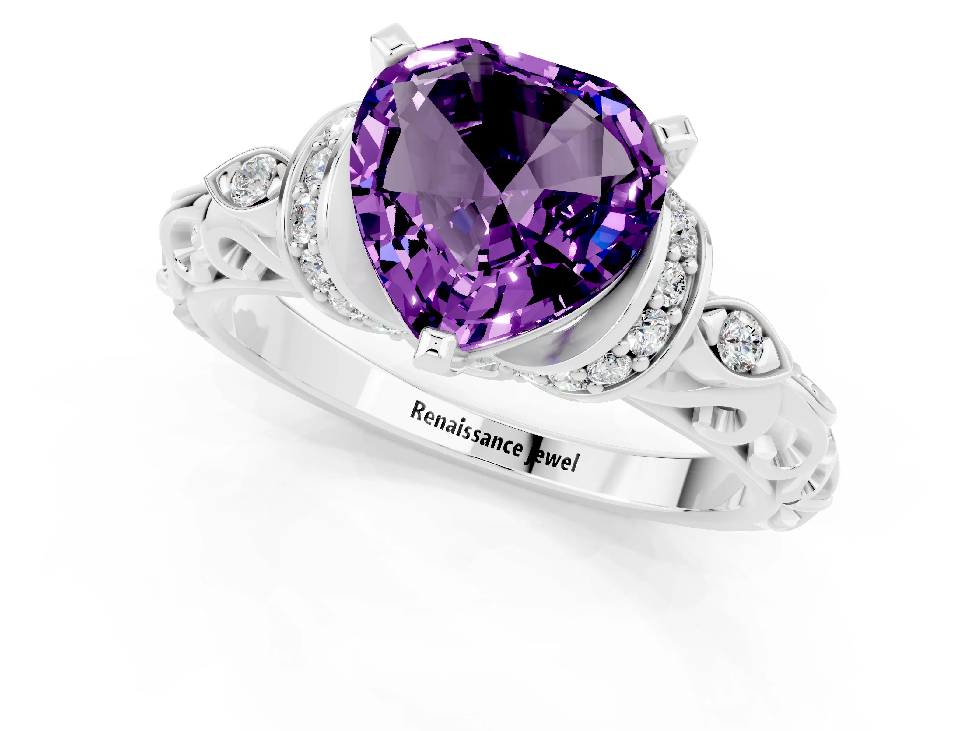 White gold Heart Cut Amethyst Solitaire Ring with Filigree Band and Four-Prong Setting_25