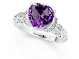 White gold Heart Cut Amethyst Solitaire Ring with Filigree Band and Four-Prong Setting_25