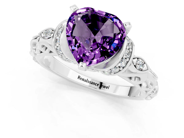 White gold Heart Cut Amethyst Solitaire Ring with Filigree Band and Four-Prong Setting