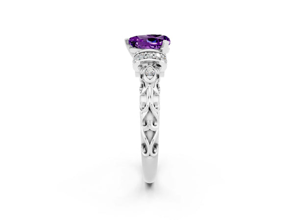 Platinum Heart Cut Amethyst Solitaire Ring with Filigree Band and Four-Prong Setting