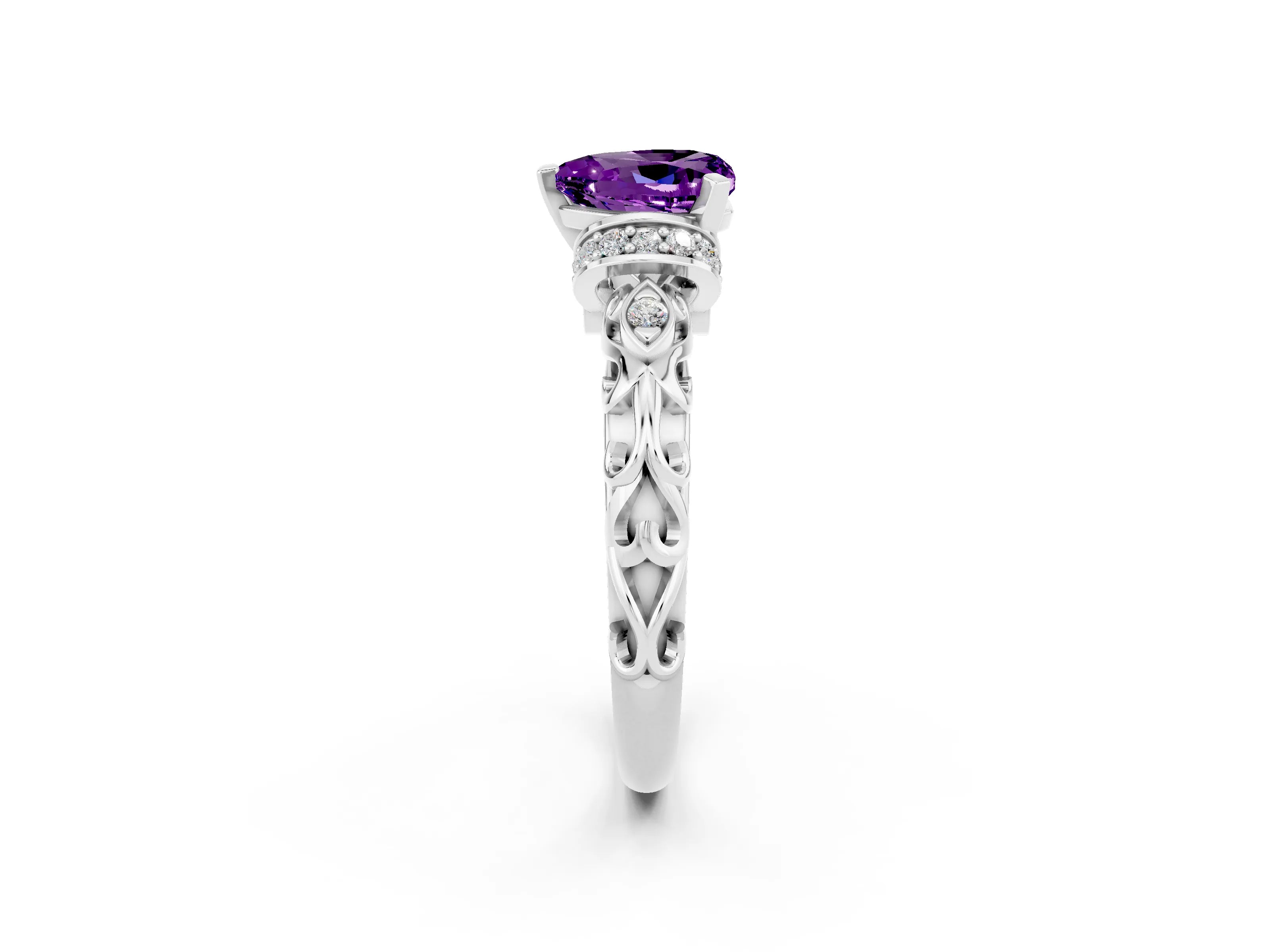White gold Heart Cut Amethyst Solitaire Ring with Filigree Band and Four-Prong Setting_26