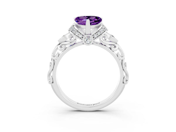 White gold Heart Cut Amethyst Solitaire Ring with Filigree Band and Four-Prong Setting