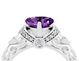 White gold Heart Cut Amethyst Solitaire Ring with Filigree Band and Four-Prong Setting_28