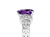 White gold Heart Cut Amethyst Solitaire Ring with Filigree Band and Four-Prong Setting_29