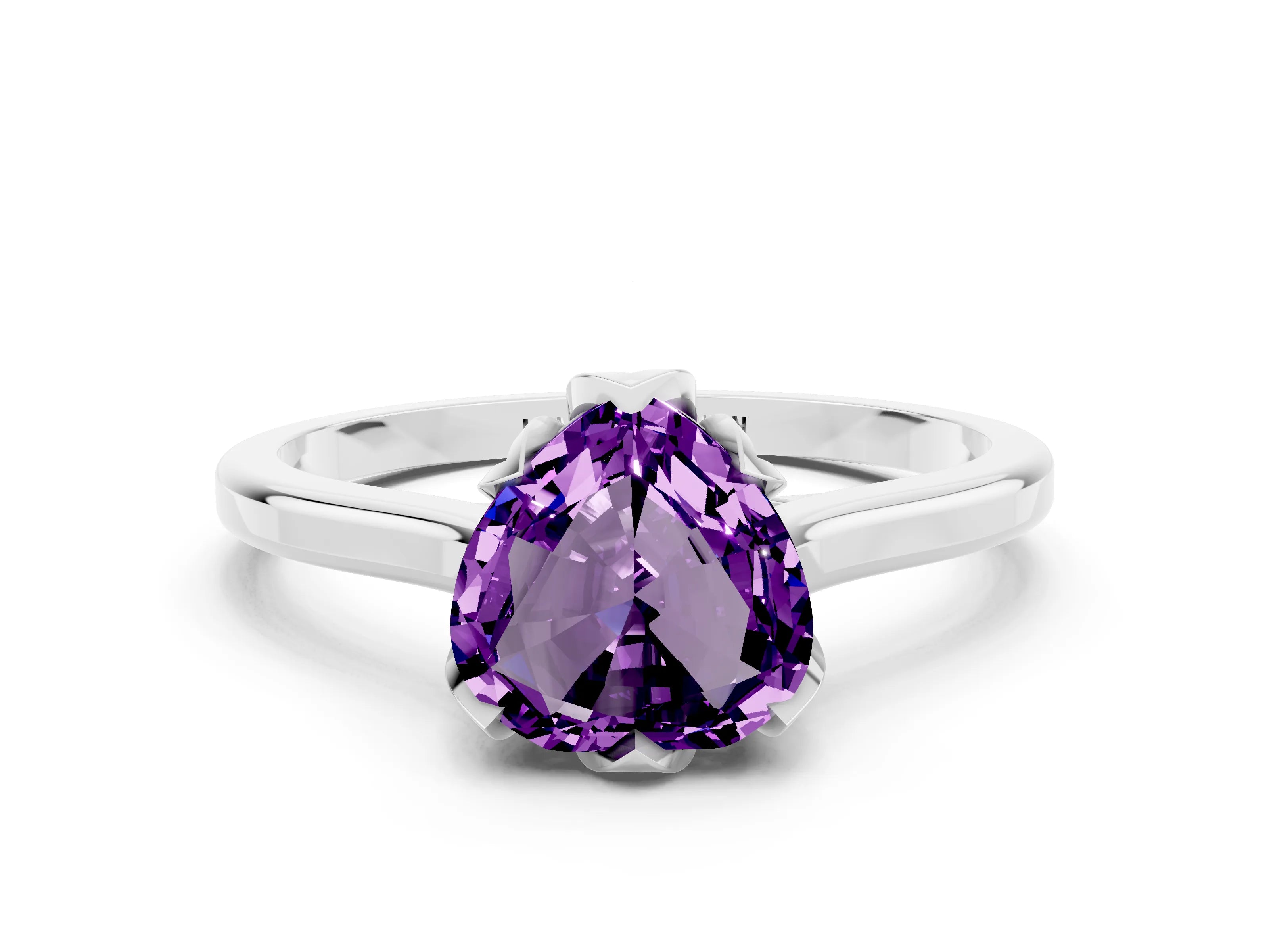 White gold Heart Cut Amethyst Solitaire Ring with Flower Prong Setting and Classic Band_12