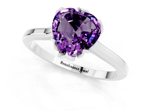 White gold Heart Cut Amethyst Solitaire Ring with Flower Prong Setting and Classic Band_13