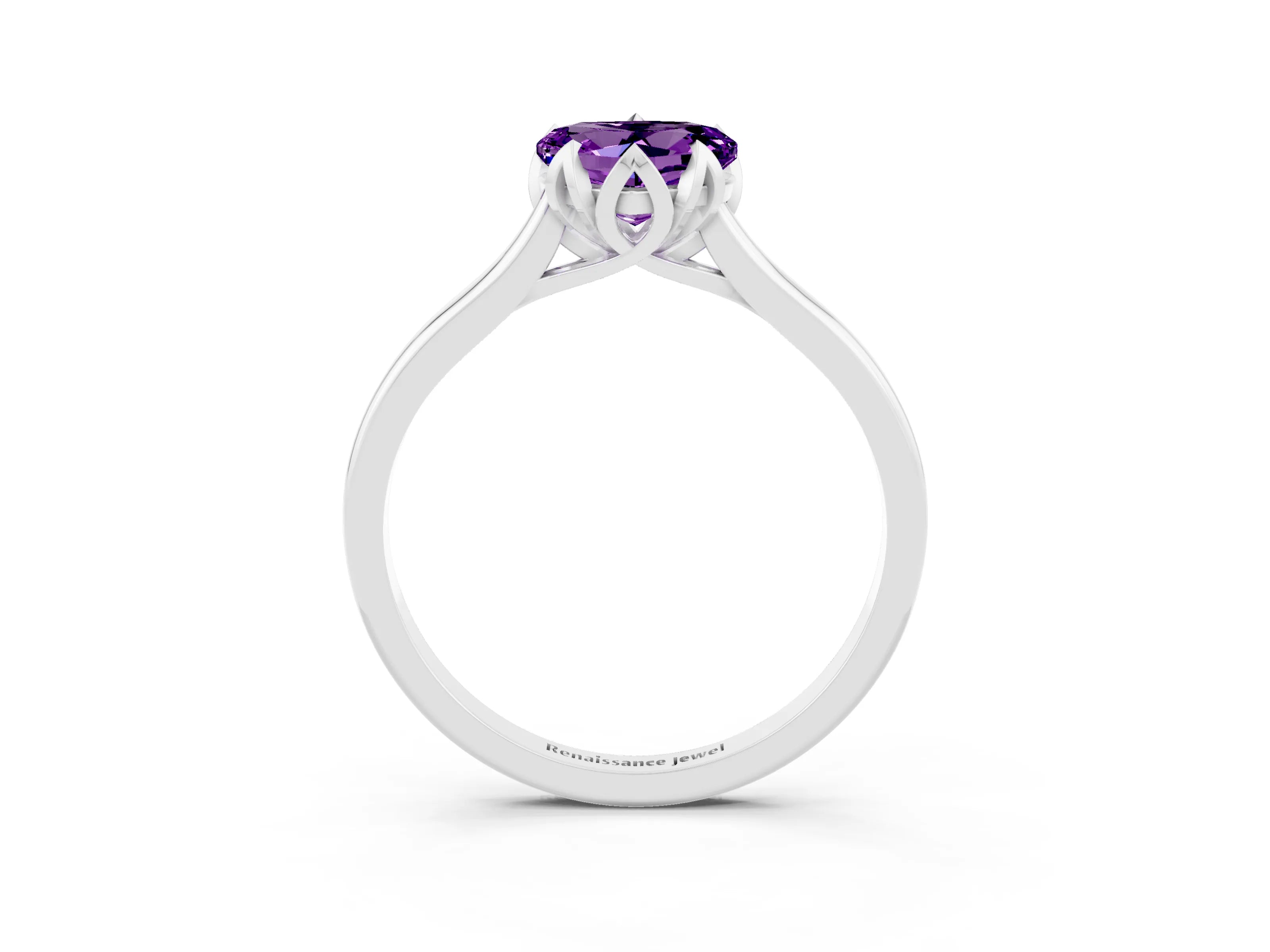 White gold Heart Cut Amethyst Solitaire Ring with Flower Prong Setting and Classic Band_15
