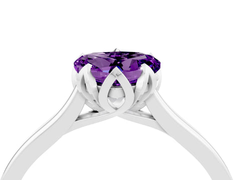 White gold Heart Cut Amethyst Solitaire Ring with Flower Prong Setting and Classic Band_16