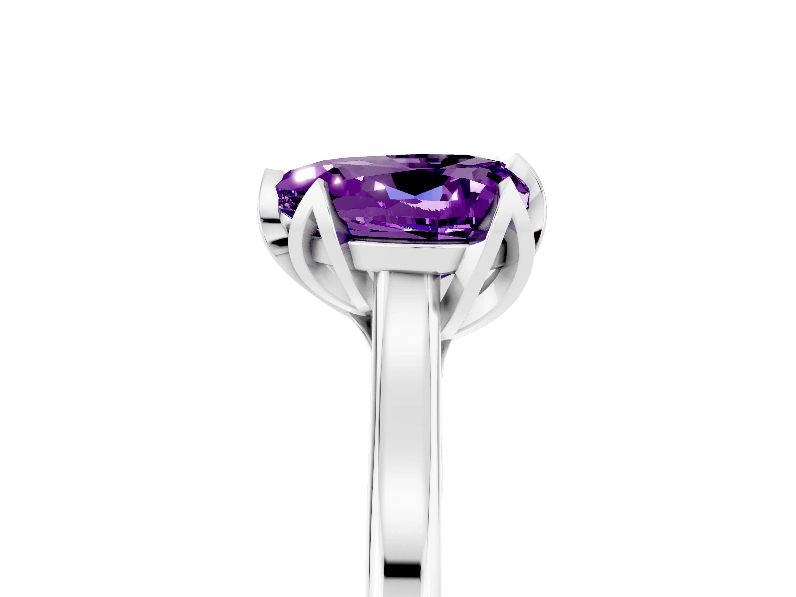 White gold Heart Cut Amethyst Solitaire Ring with Flower Prong Setting and Classic Band_17